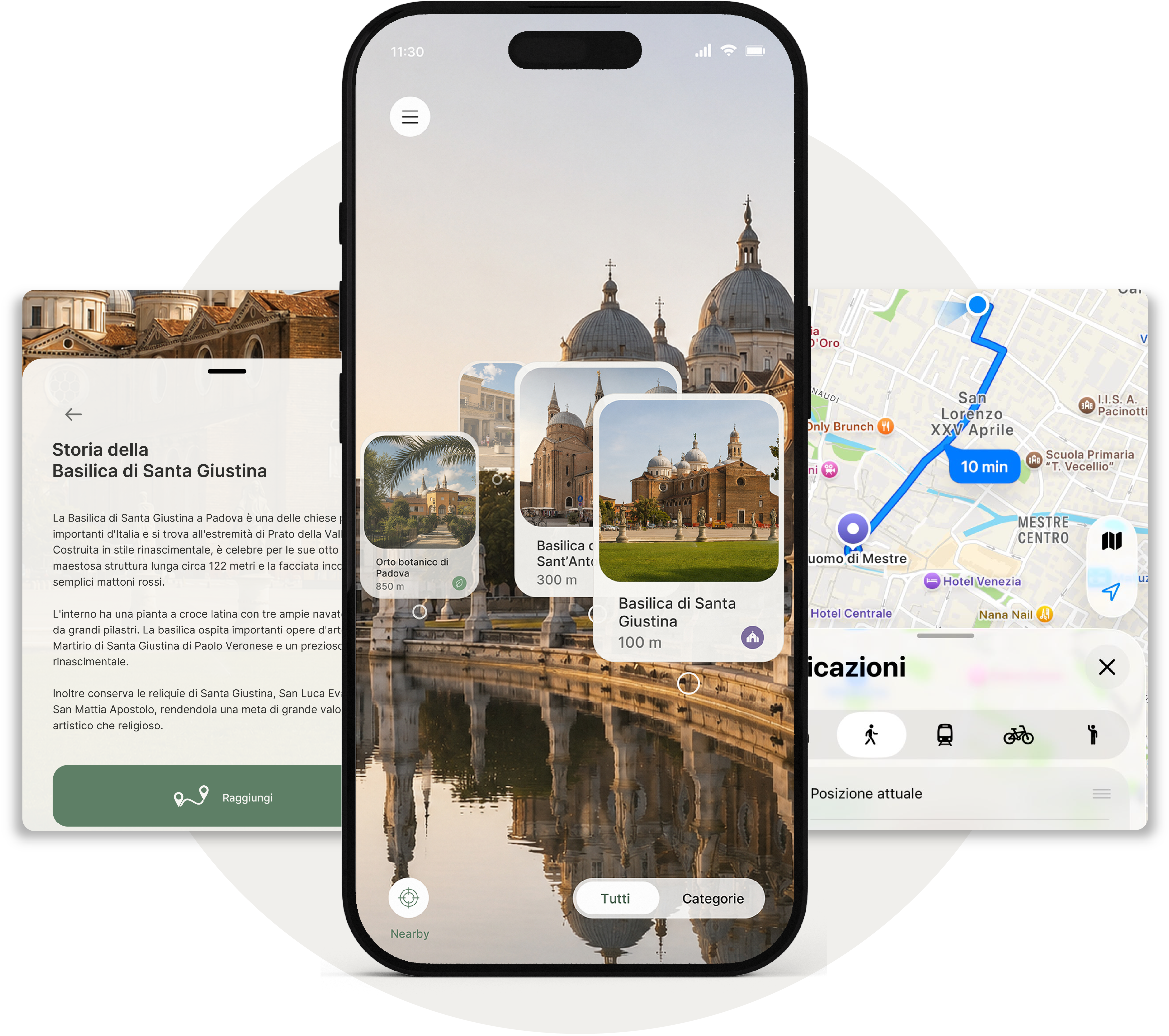 Schermate dell'app Dolce Turismo: vista in realtà aumentata, scheda di un luogo e navigazione